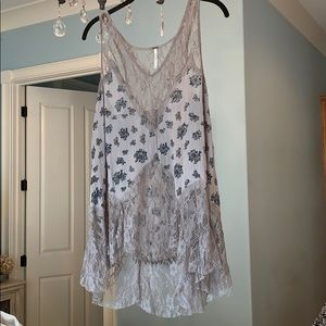 Free People Grey/Brown Tank with Floral Print+Lace